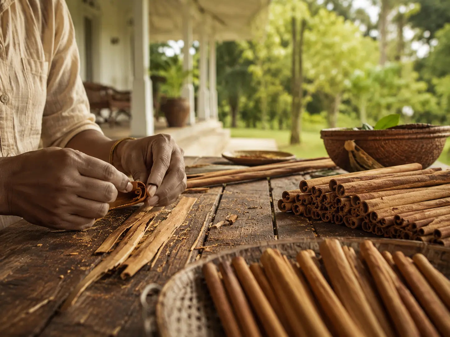 A worker at Southwinds Estate in Sri Lanka hand-rolling Ceylon cinnamon bark into delicate whole quills