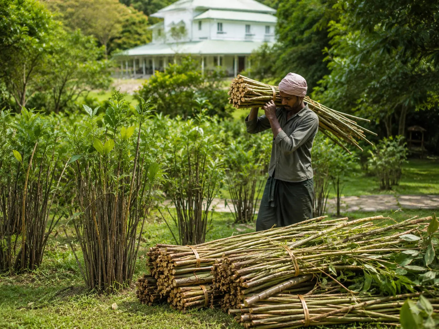 A worker carrying freshly harvested cinnamon at Southwinds Estate in southern Sri Lanka