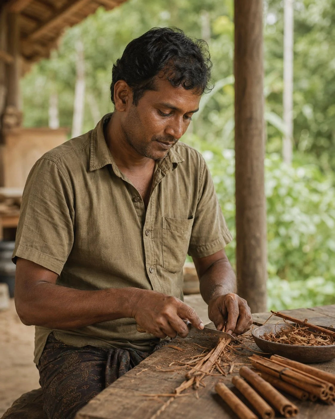 Nimal preparing cinnamon bark